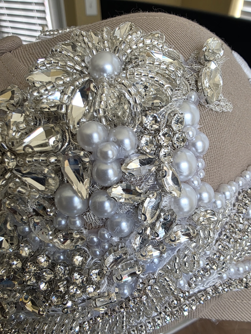 Embellished NY Baseball Cap in Taupe with Pearls & Crystals - Picture 6 of 7